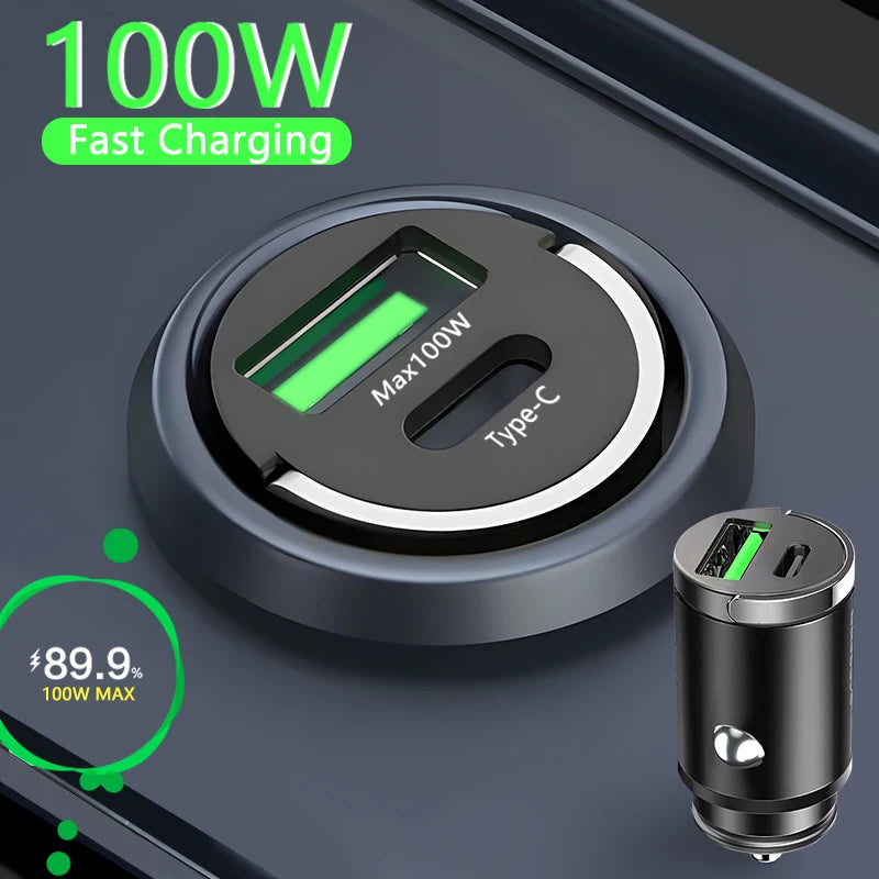 100W Mini Car Charger | Fast Charging USB-C & QC3.0 for iPhone, Xiaomi, Samsung, Huawei