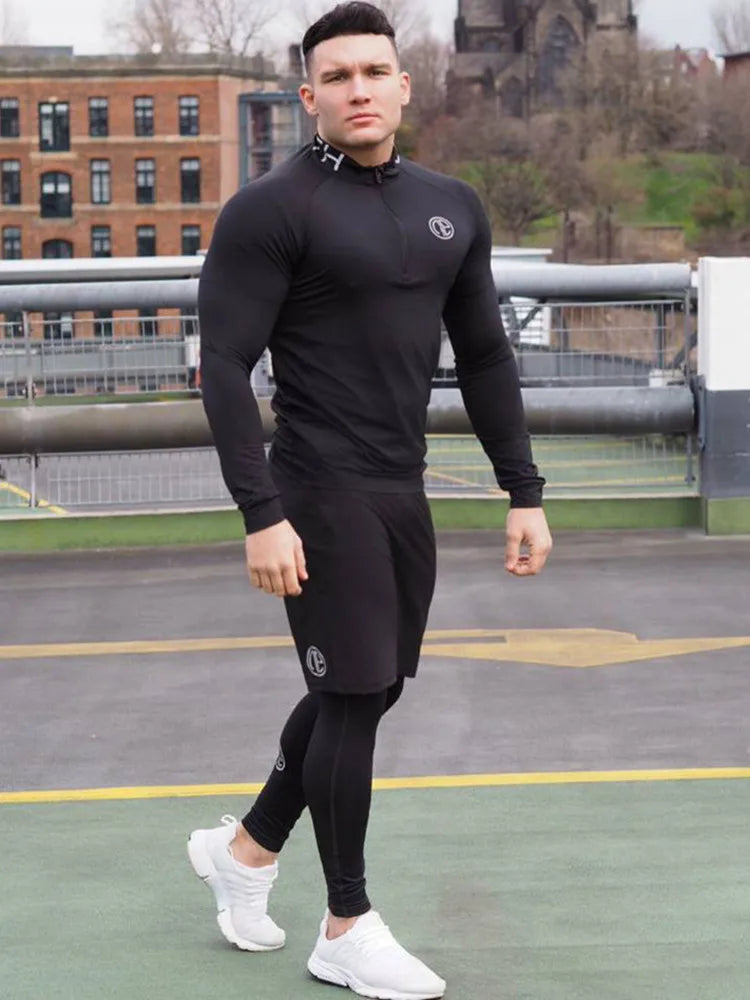 Men's 3-Piece Skinny Fitness Tracksuit Set: Long Sleeve Sportswear + 2-in-1 Cycling Leggings - Image 4